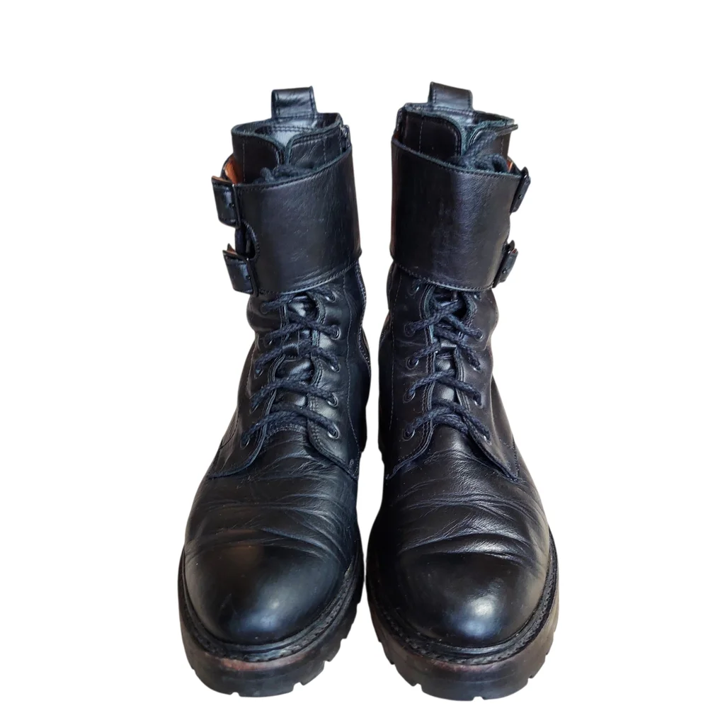 Frye Julie Biker Engineer Black Leather Lace-up Lug Sole Boots - Picture 2 of 15